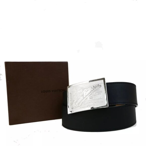 LOUIS VUITTON Logo Ceinture Jeans Belt Leather Black Silver Spain - Picture 1 of 14